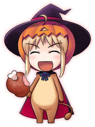  alternate_costume artoria_pendragon_(fate) boned_meat chibi fate/stay_night fate/tiger_colosseum fate_(series) female food halloween hat lion lowres meat saber_(fate) saber_lion solo sugar_(sugarless) witch_hat 