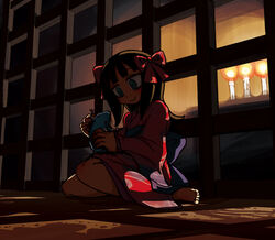  amami_haruka animal_abuse backlighting barefoot blood bow brown_hair candle commentary_request dark dark_haruka female green_eyes idolmaster idolmaster_(classic) idolmaster_1 japanese_clothes kimono light long_hair mouse_(animal) photoshop_(medium) riyo_(lyomsnpmp) shade sitting smile solo torture twintails 