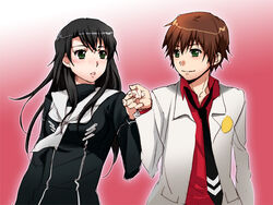  1boy androgynous black_necktie blush brown_hair collared_shirt commentary_request female hayase_kouichi jacket kikuchi_mataha kizaki_emi kurogane_no_linebarrel long_sleeves neckerchief necktie open_clothes open_jacket pink_background sailor_collar shirt short_hair simple_background turtleneck upper_body 