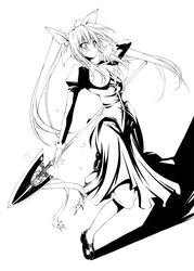  ayuhara_hiiro blush crosier cross dress female greyscale monochrome polearm ribbon sabakutani_eri sakura_familia! shadow shoes solo staff twintails weapon 