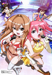  4girls :d absurdres bandages boots breasts brown_eyes brown_hair buruma choker cleavage crescent_moon edomae_lunar elbow_gloves gloves guitar highres imageboard_desourced instrument long_hair medium_breasts megami_magazine microphone moon morita_kazuaki multiple_girls naughty_face navel non-web_source official_art open_mouth photoshop_(medium) pink_eyes pink_hair ponytail purple_eyes purple_hair sarashi seto_no_hanayome seto_sun shiranui_akeno short_hair small_breasts smile star_(symbol) sun_symbol sweat thigh_boots thighhighs twintails very_long_hair zenigata_mawari 