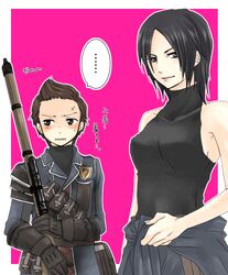  ... 1boy arrow_(symbol) bad_id bad_pixiv_id bag bare_shoulders black_hair blush brown_eyes brown_hair clenched_teeth clothes_around_waist embarrassed female gloves grey_eyes gun height_difference jane_turner lipstick makeup military military_uniform minoharu oscar_bielert rifle satchel senjou_no_valkyria_(series) senjou_no_valkyria_1 short_hair sleeveless sleeveless_turtleneck smile standing sweater sweater_around_waist teeth translation_request turtleneck uniform weapon 