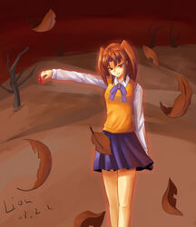  bad_id bad_pixiv_id blood blue_skirt brown_hair crazyodin depletion_garden female highres photoshop_(medium) red_eyes school_uniform skirt smile solo tsukihime two_side_up yumizuka_satsuki 