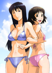  2girls ass back-to-back bikini black_hair breasts brown_eyes brown_hair commentary_request day kaminagi_ryouko large_breasts locked_arms long_hair misaki_shizuno multiple_girls red_eyes side-tie_bikini_bottom smile standing swimsuit ueyama_michirou zegapain 