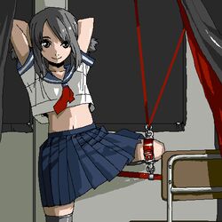  arms_behind_head arms_up black_hair bondage bondage bound chair chiisan commentary_request copyright_request female grey_eyes jaggy_lines lowres midriff navel oekaki pleated_skirt school_uniform serafuku short_sleeves skirt smile solo standing standing_on_one_leg thighhighs twintails 