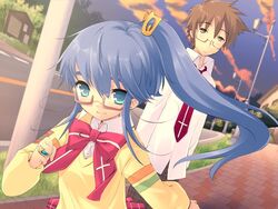  1boy blue_eyes blue_hair blush brown_eyes brown_hair cloud female game_cg glasses ito_noizi jewelry long_hair nanatsuiro_drops ponytail ring school_uniform seijou_academy_school_uniform sky smile tsuwabuki_masaharu very_long_hair yuuki_nona 