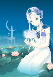  armlet blue_eyes choker commentary_request dress english_commentary fantastic_children female flower headgear long_hair lotus mixed-language_commentary moai_(aoh) photoshop_(medium) pink_flower sidelocks sleeveless sleeveless_dress smile solo tina_(fantastic_children) water white_dress white_hair 