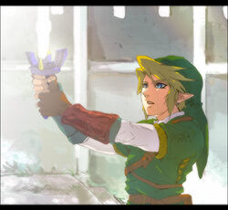  1boy akira-riku blonde_hair blue_eyes brown_gloves commentary_request fingerless_gloves gloves green_hat hat link male_focus manly_tears master_sword pointy_ears solo sword tears the_legend_of_zelda the_legend_of_zelda:_ocarina_of_time weapon 