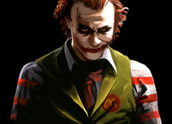  1boy bad_id bad_pixiv_id batman_(series) black_background commentary_request cosplay dc_comics heath_ledger joker_(dc) kawanakajima male_focus mcdonald&#039;s md5_mismatch parody photoshop_(medium) red_hair ronald_mcdonald ronald_mcdonald_(cosplay) solo striped the_dark_knight upper_body 