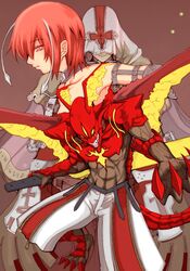  2boys antennae asuka_r._kreutz commentary_request dragon_install female guilty_gear guilty_gear_2 monster multiple_boys red_eyes red_hair shiina_you_(tomoshibi) short_hair sol_badguy sword valentine_(guilty_gear) weapon 