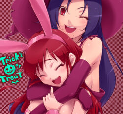  2girls animal_ears asahina_natsuki asahina_yurina blue_hair breasts closed_eyes elbow_gloves gloves hairu halloween hat hug long_hair mole mole_under_mouth multiple_girls one_eye_closed rabbit_ears red_eyes red_hair sideboob small_breasts super_real_mahjong super_real_mahjong_p7 trick_or_treat witch_hat 