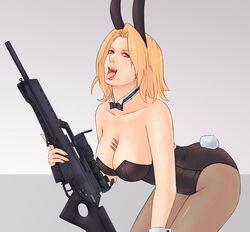  alva animal_ears between_breasts blonde_hair bow bowtie breasts bullet cleavage commentary copyright_request cuffs female gun h&amp;k_sl8 heckler_&amp;_koch large_breasts necktie pantyhose playboy_bunny rabbit_ears rabbit_tail rifle scope sniper_rifle solo tail tongue weapon 