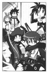  3boys 3girls artist_request ash_(phantom_brave) bare_shoulders belt blunt_bangs closed_eyes collarbone disgaea etna_(disgaea) greyscale holding laharl long_sleeves looking_at_viewer marona_(phantom_brave) mid-boss_(disgaea) midriff monochrome multiple_boys multiple_girls nippon_ichi phantom_brave photoshop_(medium) prinny revealing_clothes scarf shas_(disgaea) sitting standing uniform 