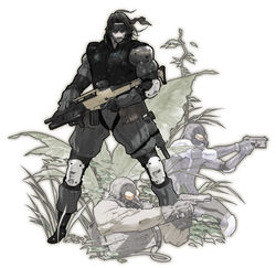  1boy absurdres gas_mask gun h&amp;k_xm8 headband highres male_focus masao_tsubasa mask metal_gear_(series) metal_gear_acid official_art plant rifle solid_snake solo standing weapon 