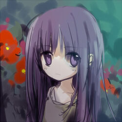  bear_(artist) bush collarbone expressionless female flower furude_rika higurashi_no_naku_koro_ni lolicon long_hair looking_at_viewer lowres night no_nose purple_eyes purple_hair red_flower sleeveless solo source_request 