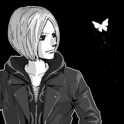  asato_(artist) black_background bug butterfly female folkssoul greyscale hood hood_down hoodie jacket long_sleeves looking_at_animal lowres monochrome oekaki short_hair simple_background solo suzette upper_body 