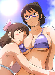  2girls aoi_minamo bikini bow breast_pillow breast_press breasts brown_hair day glasses holon hug large_breasts multiple_girls pink_bow real_drive short_hair swimsuit ueyama_michirou yuri 