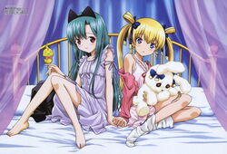  2girls :o barefoot bed bird bird_on_hand blonde_hair blue_eyes blue_hair blush duplicate feet hara_yumiko hayama_kotono holding_hands megami_magazine multiple_girls official_art pajamas red_eyes ribbon saint_october scan shirafuji_natsuki sitting smile stuffed_animal stuffed_rabbit stuffed_toy twintails 