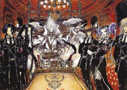  5boys balthasar_von_neumann belt black_hair blue_hair brown_hair buckle cain_nightroad chandelier closed_eyes dietrich_von_lohengrin female gloves helga_von_vogelweide hexagram highres indoors isaak_fernand_von_kampfer lamp long_hair long_sleeves looking_at_viewer melchior_von_neumann multiple_boys official_art outstretched_arms pants photoshop_(medium) radu_barvon rapier scan sheath sheathed shibamoto_thores standing sword trinity_blood uniform very_long_hair weapon white_gloves white_hair wings 