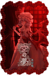  bat_wings cowboy_shot dress female indoors kokono_coco looking_at_viewer monochrome painttool_sai_(medium) puffy_short_sleeves puffy_sleeves red_theme remilia_scarlet short_sleeves solo standing text_focus touhou vampire window wings 