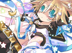  1boy androgynous animal_ears banana bell belt blonde_hair blue_eyes commentary_request food fruit hekicha jingle_bell kagamine_len magical_nuko-lenlen_(vocaloid) male_focus ribbon sailor_collar solo staff star_(symbol) vocaloid wings 