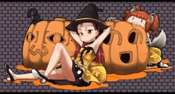  2girls commentary_request grey_background halloween hat high_heels idolmaster idolmaster_(classic) idolmaster_1 jack-o&#039;-lantern live_for_venus_(idolmaster) minase_iori multiple_girls nonowa pumpkin shoes takatsuki_yayoi ttomm twintails werewolf witch_hat 