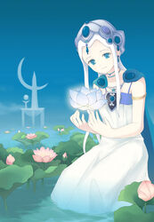  armlet bad_id bad_pixiv_id blue_eyes choker dress fantastic_children female flower headgear lily_pad long_hair lotus moai_(aoh) photoshop_(medium) pink_flower sidelocks sleeveless sleeveless_dress smile solo tina_(fantastic_children) water white_dress white_hair 