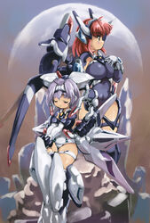  2girls breasts brown_eyes closed_eyes commentary_request crueltear exelica flat_chest highres large_breasts mecha_musume moon multiple_girls red_hair silver_hair trigger_heart_exelica yu_3 