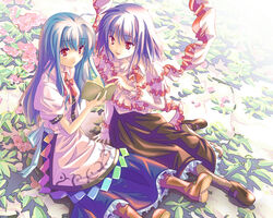  2girls :/ ahoge blue_hair book boots commentary_request dress flower hinanawi_tenshi long_hair multiple_girls nagae_iku no_headwear pointing purple_hair reading red_eyes ribbon shawl shirosa short_hair sitting touhou 