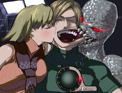  1boy ashley_graham biting blonde_hair blush breasts cheek_biting commentary_request curtained_hair double_cheek_kiss eating female health_bar horror_(theme) kissing kissing_cheek large_breasts leon_s._kennedy moggel monster open_mouth pain red_eyes regenerador resident_evil resident_evil_4 sandwiched scarf smile teeth you_gonna_get_raped 