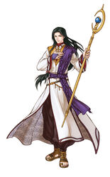  1boy black_hair fire_emblem fire_emblem:_path_of_radiance fire_emblem:_radiant_dawn full_body green_eyes highres kita_senri long_hair male_focus official_art photoshop_(medium) sandals sephiran_(fire_emblem) simple_background solo white_background 