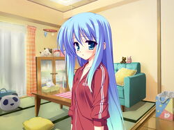  blue_eyes blue_hair blush collarbone couch female game_cg gradient_hair imageboard_desourced indoors jacket katsuragi_kotori living_room long_hair multicolored_hair munyuu non-web_source pillow purely_(game) sleeves_pushed_up solo stuffed_animal stuffed_toy table track_jacket track_suit very_long_hair 