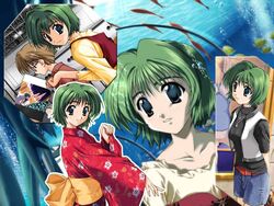  1boy amazuyu_tatsuki aquarium blue_eyes casual collage comic_party female green_hair japanese_clothes kimono ooba_eimi photoshop_(medium) short_hair yukata 