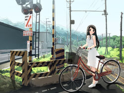  bicycle bicycle_basket black_hair blush boom_barrier brown_eyes building caution day dress female highres kantoku long_hair looking_at_viewer mahou_tsukai_ni_taisetsu_na_koto mahou_tsukai_ni_taisetsu_na_koto:_natsu_no_sora mountain no_socks outdoors parted_lips photoshop_(medium) power_lines railroad_crossing railroad_tracks real_world_location scenery shoes sign skirt sky sleeveless sleeveless_dress solo suzuki_sora utility_pole vanishing_point walking white_dress white_footwear white_skirt wide_shot 