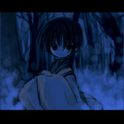  bear_(artist) blue_theme female japanese_clothes kimono letterboxed lowres monochrome night oekaki solo 