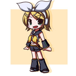  blonde_hair chibi commentary_request detached_sleeves female fictional_sister green_eyes headphones kagamine_rin ribbon short_hair solo vocaloid 