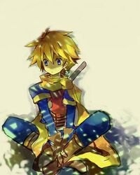  1boy bad_id bad_pixiv_id blonde_hair boots golden_sun isaac_(golden_sun) lowres male_focus pomi scarf solo sword weapon 