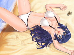  beach bikini blue_eyes blue_hair breasts crab crustacean day female large_breasts long_hair lying original solo swimsuit tonbidou white_bikini 