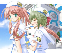  2girls aino_ai aria_(manga) aria_company_uniform aria_pokoteng bad_id bad_pixiv_id blouse green_eyes green_hair hair_tubes hat long_hair mizunashi_akari multiple_girls pink_hair ponytail sailor_collar shirt shiumai short_hair short_sleeves sidelocks uniform white_shirt 