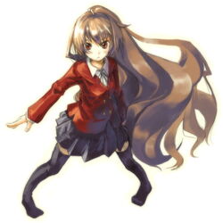  :&lt; aisaka_taiga bad_id bad_pixiv_id brown_hair female long_hair myu_(neorosi) oohashi_high_school_uniform red_eyes school_uniform skirt solo thighhighs toradora! very_long_hair 