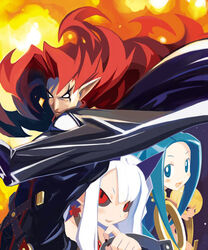  1boy 3girls :d blue_eyes blue_hair harada_takehito long_hair looking_at_viewer lowres multiple_girls open_mouth phantom_kingdom photoshop_(medium) pointy_ears pram_(phantom_kingdom) red_eyes red_hair salome_(phantom_kingdom) serious short_hair sidelocks smile trenia_(phantom_kingdom) upper_body very_long_hair white_hair zetta_(phantom_kingdom) 