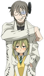  1boy blush cigarette female franken_stein_(soul_eater) glasses height_difference hishiki imageboard_desourced maka_albarn non-web_source object_through_head screw_in_head smoking soul_eater stitches white_background 