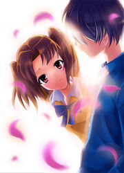  1boy brown_hair cherry_blossoms commentary_request crazyodin female photoshop_(medium) red_eyes smile tohno_shiki tsukihime two_side_up yumizuka_satsuki 