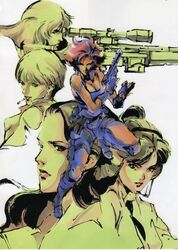  5girls absurdres aiming bare_shoulders breasts cigarette cleavage earrings gun highres holding holding_gun holding_weapon jewelry mei_ling meryl_silverburgh metal_gear_(series) metal_gear_solid mouth_hold multiple_girls naomi_hunter nastasha_romanenko official_art shinkawa_youji short_hair sniper_wolf stud_earrings weapon 