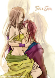  1boy arc_the_lad arc_the_lad_ii breast_smother brown_hair closed_eyes couple crop_top face_to_breasts female hug long_hair mame_(artist) midriff pink_hair robe sania_(arc_the_lad) short_hair straight strap_slip tosh_(arc_the_lad) zoom_layer 