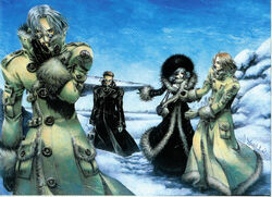  3boys abel_nightroad afro antonio_borgia black_hair brown_gloves brown_hair coat female glasses gloves helga_von_vogelweide long_sleeves looking_at_viewer multiple_boys official_art outdoors photoshop_(medium) scan shibamoto_thores short_hair snow standing tres_iqus trinity_blood winter winter_clothes winter_coat 