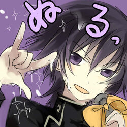  1boy \m/ angry ashford_academy_school_uniform bear_(artist) black_hair bow code_geass lelouch_vi_britannia lowres macross macross_frontier male_focus microphone parody purple_eyes school_uniform seikan_hikou solo sparkle sweat 