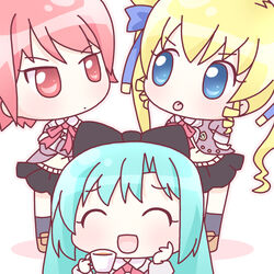  3girls :d ^_^ blonde_hair blue_eyes blue_hair chibi closed_eyes hayama_kotono hijiri_misaki mirai_(sugar) multiple_girls open_mouth red_eyes red_hair ribbon saint_october school_uniform shirafuji_natsuki smile twintails 