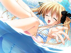  asaba_yuu aster_(game) bikini blonde_hair day dutch_angle female game_cg happy_state imageboard_desourced innertube long_hair non-web_source odamaki_hina solo splashing striped_bikini striped_clothes swim_ring swimsuit twintails water wet 