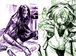  ame_yamori character_request cleo_everlastin female green_theme long_hair majutsushi_orphen multiple_monochrome purple_theme short_hair sketch uys_els_ito_egum_ed_gorgon 